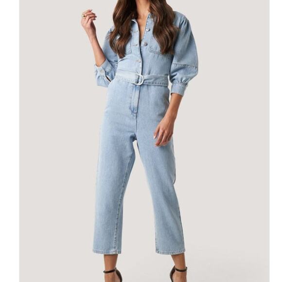 NA-KD NWT Cotton Denim Jean Belted Puff Sleeve Button Collard Denim Jumpsuit - Picture 1 of 11